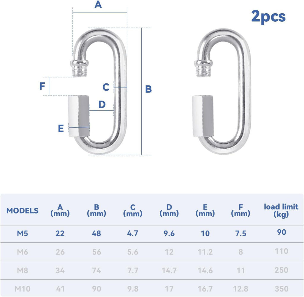 2 Pack M5 D-Shape Silver Steel Quick Link Carabiner, Chain Hooks for Outdoor Traveling Equipment, Connecting Hammock (M5-1.9 Inch / 4.8 cm)