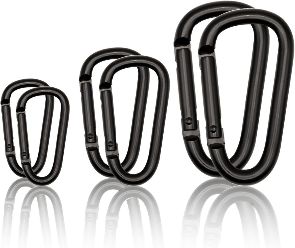 Black Carabiner Clip, Includes Mini 2 Inch Carbineers, Small 2.3" D Ring Clip, Large 3 Inch Carabiner Heavy Duty, Aluminum Caribiner Keychain Hook for Backpack Hiking Camping