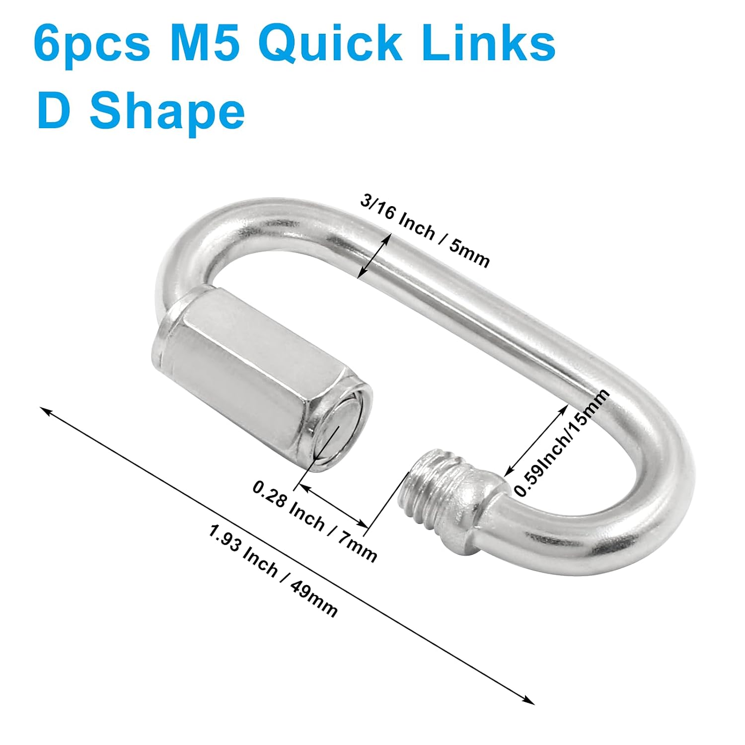 6Pcs Quick Links 3/16 Inch 304 Stainless Steel D Shape Locking Quick Connector, M5 Quick Link Chain Heavy Duty Durable Chain Connector - 648lbs Capacity