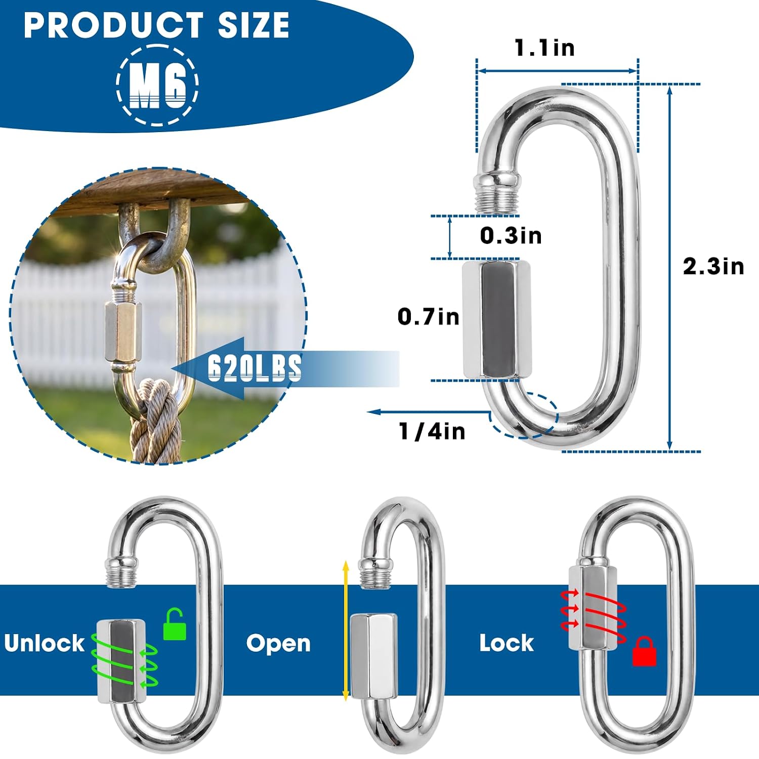 50Pcs Quick Links, 1/4” Chain Links Connector, 620lbs Capacity Heavy Duty Carabiner Clips, Galvanized Thread Quick Link Hardware for Safety Chain Swing Gym Hammock, Screw Lock Oval Locking Carabiner