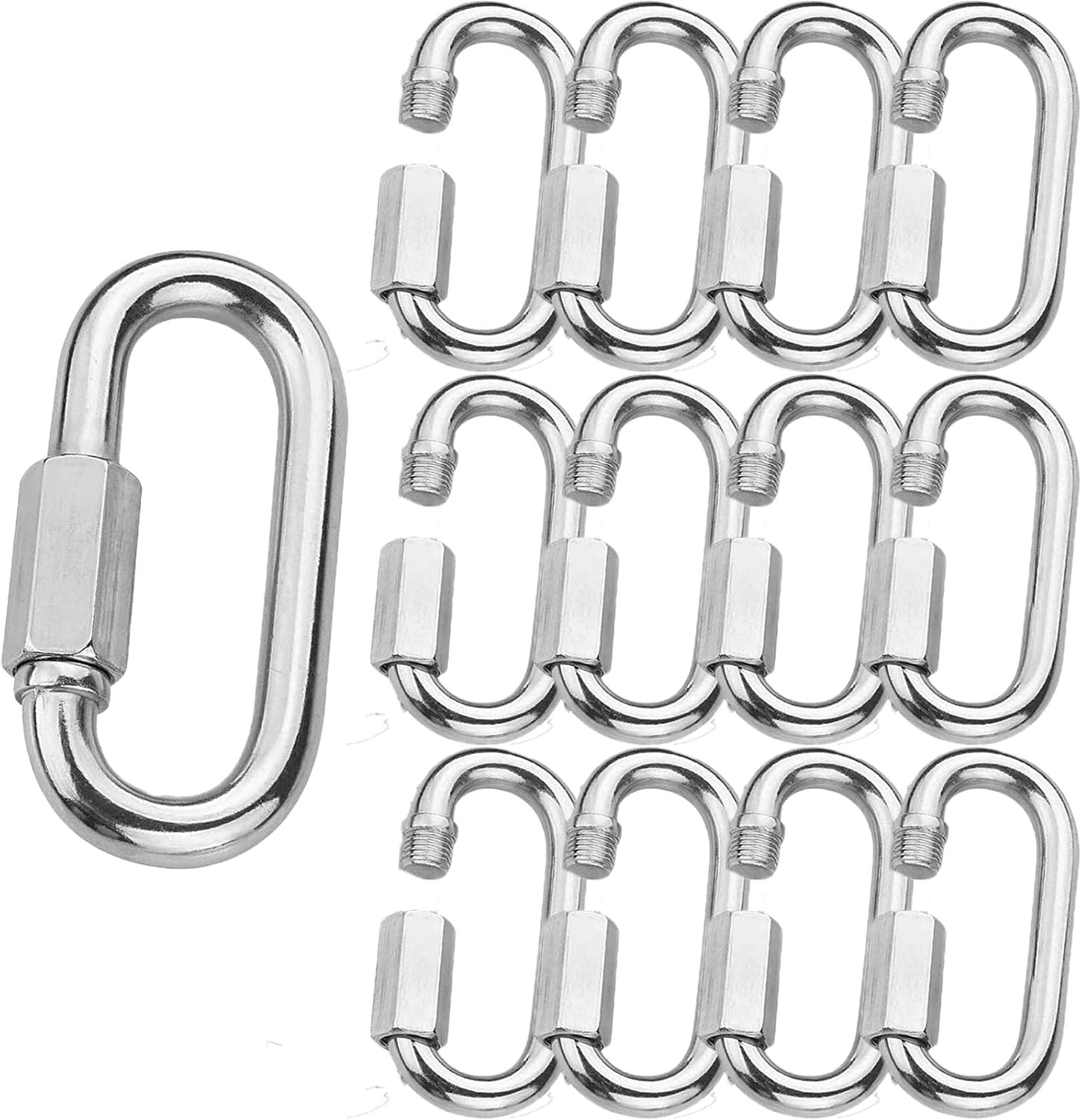 12PCS 5/16Inch Quick Links Stainless Steel Chain Links, M8 Oval Quick Locking Carabiner Clips Heavy Duty Chain Links Chain Connector for Camping, Hiking, Swing, Hammocks, Outdoor & Gym - 1500lbs Load