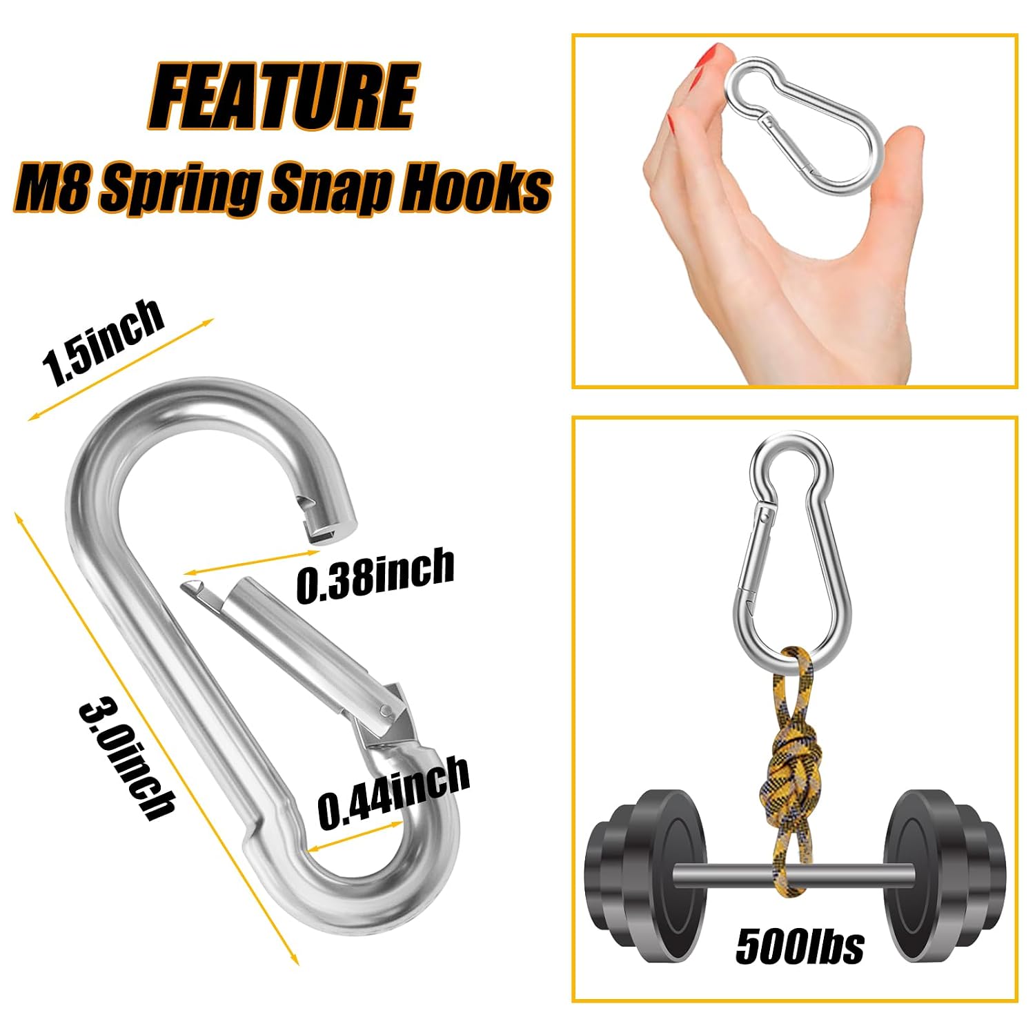 100PCS 3" Heavy Duty Spring Snap Hook, M8 5/16" Galvanized Steel Snap Hook Carabiner Quick Link Carabiner Clip, 500LBS Holding Capacity Quick Link Keychain for Swing Hammock Gym Outdoor