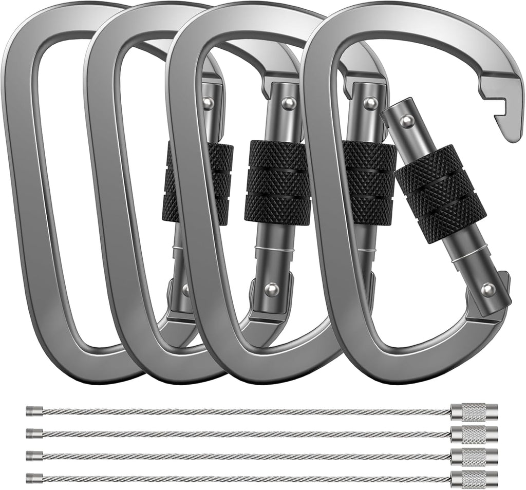 Premium Aluminum D Ring 4" Locking Carabiner Clips with Screw Gate, Set of 4, Lightweight & Durable for Hiking, Camping, Hammock, Dog Leash Harness, Keychains