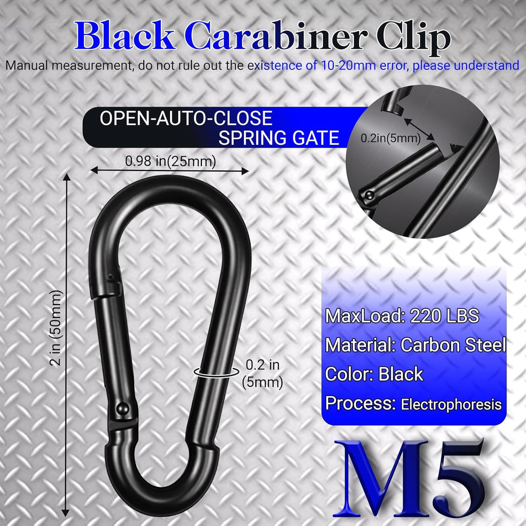 50 Pack 2" Heavy Duty Carabiner Clips, M5 Black Galvanized Steel Spring Snap Hooks, Rust-Resistant Keychain Clips for Hammock, Camping, Hiking, Fishing, Swing Set